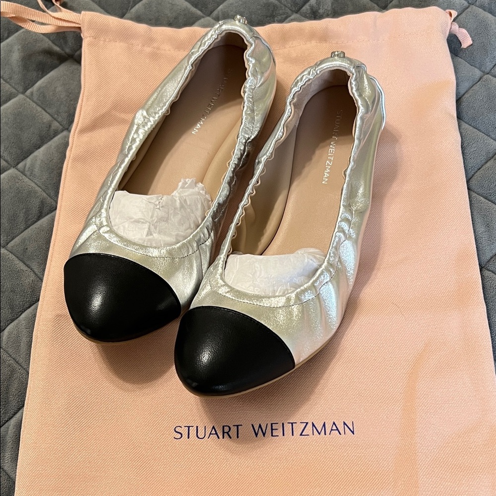 Stuart Weitzman Metallic Silver and Black Flats